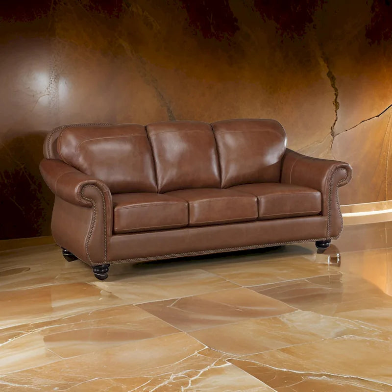 Boro 85 Inch Sofa, Rich Brown Top Grain and Faux Leather, Solid Wood