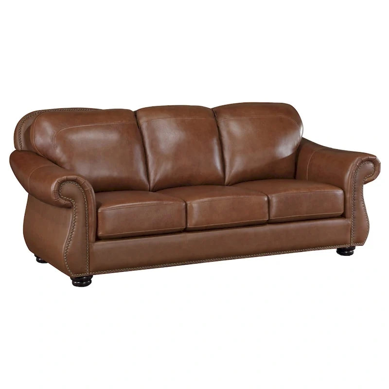 Canapé de 85 pouces, cuir pleine fleur et similicuir brun riche, bois massif