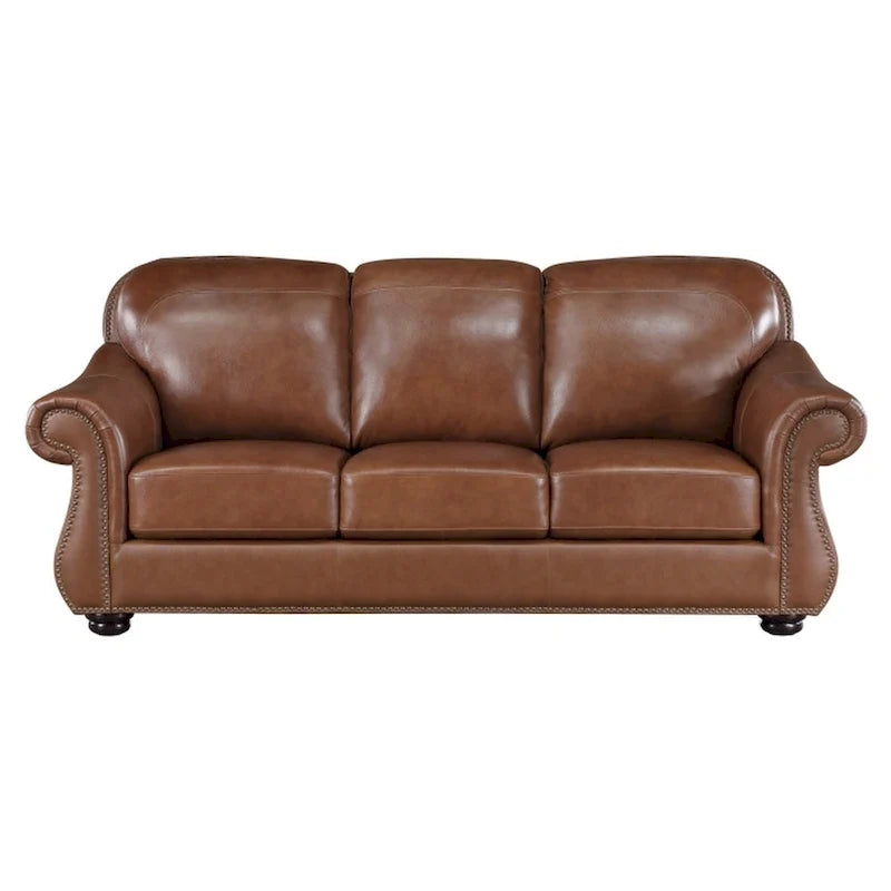 Canapé de 85 pouces, cuir pleine fleur et similicuir brun riche, bois massif