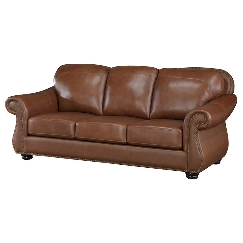 Canapé de 85 pouces, cuir pleine fleur et similicuir brun riche, bois massif