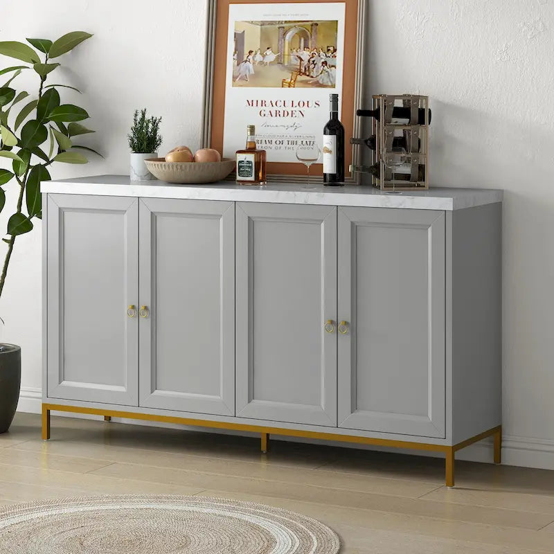 Buffet moderne avec très grand espace de rangement, poignées et pieds de support en métal, pour le salon et la salle à manger