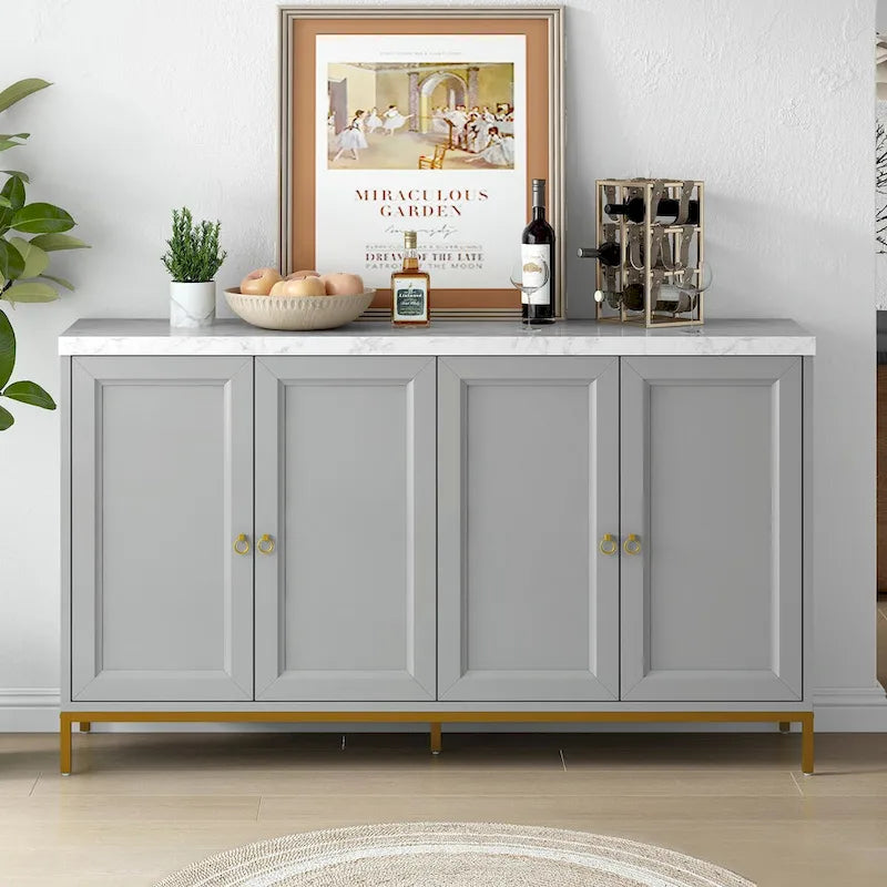 Buffet moderne avec très grand espace de rangement, poignées et pieds de support en métal, pour le salon et la salle à manger