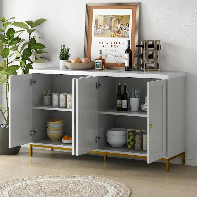 Buffet moderne avec très grand espace de rangement, poignées et pieds de support en métal, pour le salon et la salle à manger