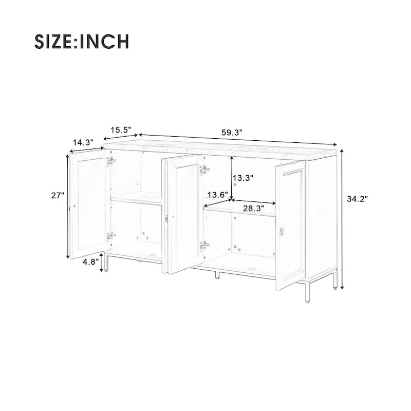 Buffet moderne avec très grand espace de rangement, poignées et pieds de support en métal, pour le salon et la salle à manger