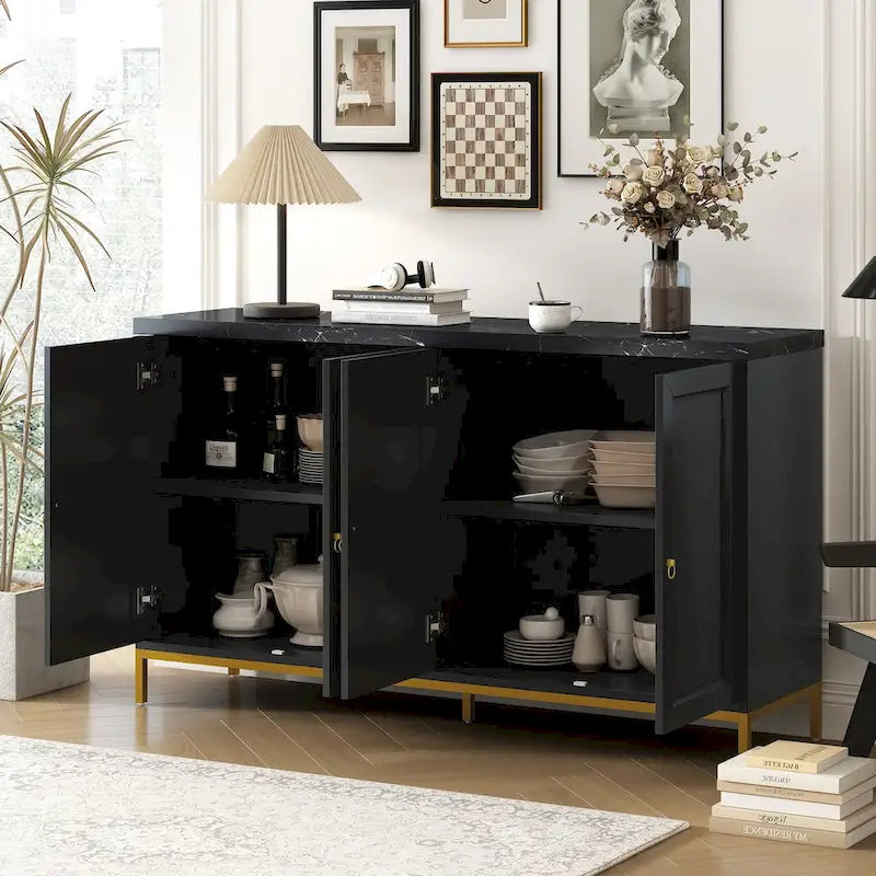 Buffet moderne avec très grand espace de rangement, poignées et pieds de support en métal, pour le salon et la salle à manger