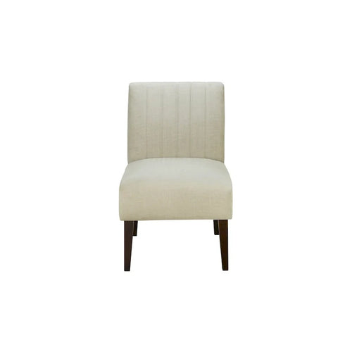 30 Inch Accent Chair, White Fabric, Channel Tufted Back, Brown Wood
