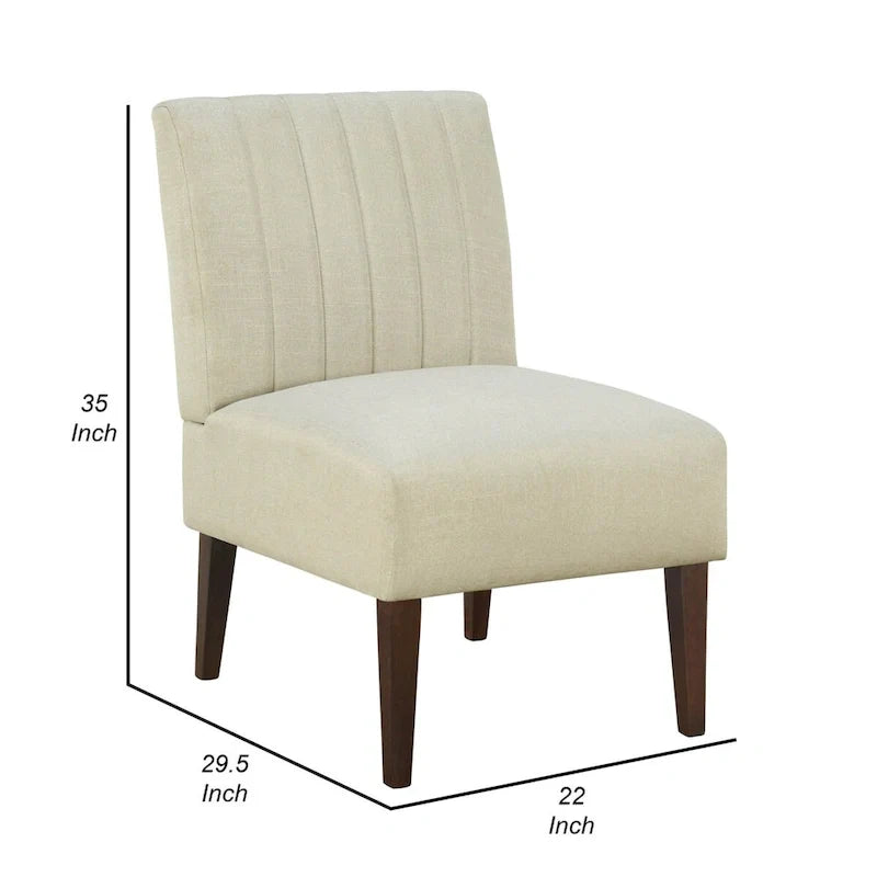 30 Inch Accent Chair, White Fabric, Channel Tufted Back, Brown Wood