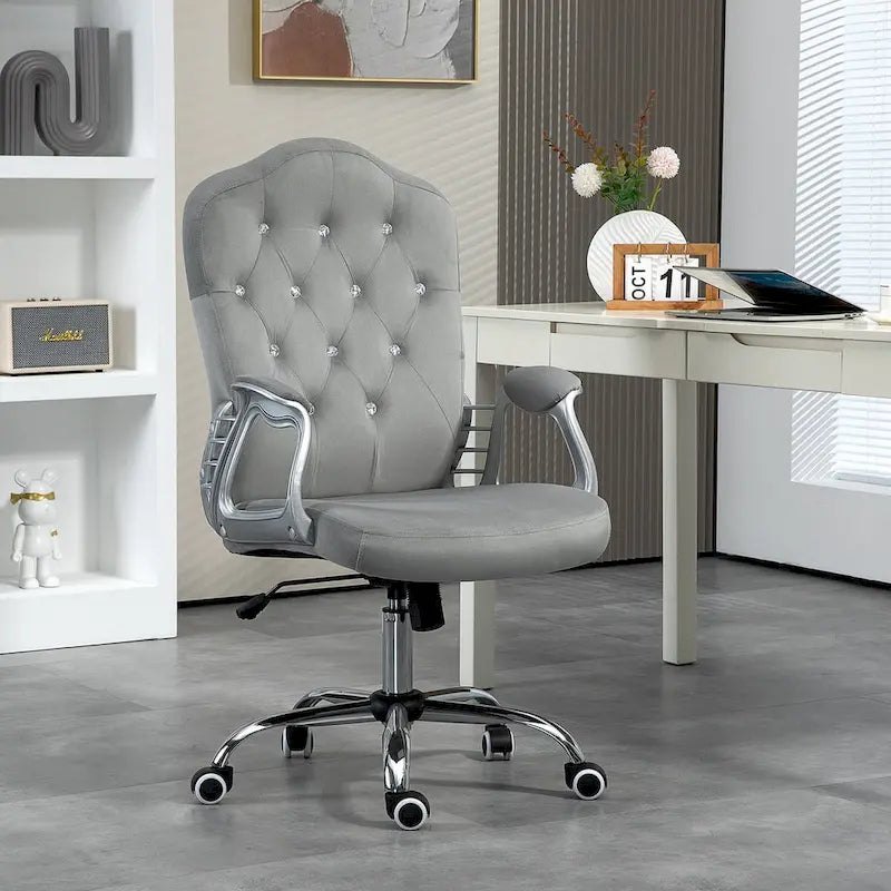 Chaise de bureau à domicile en velours, chaise d'ordinateur capitonnée à boutons avec roulettes pivotantes, hauteur réglable et fonction d'inclinaison