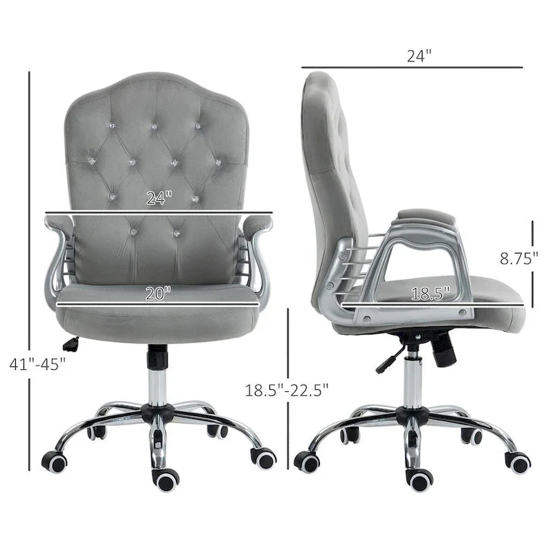 Chaise de bureau à domicile en velours, chaise d'ordinateur capitonnée à boutons avec roulettes pivotantes, hauteur réglable et fonction d'inclinaison