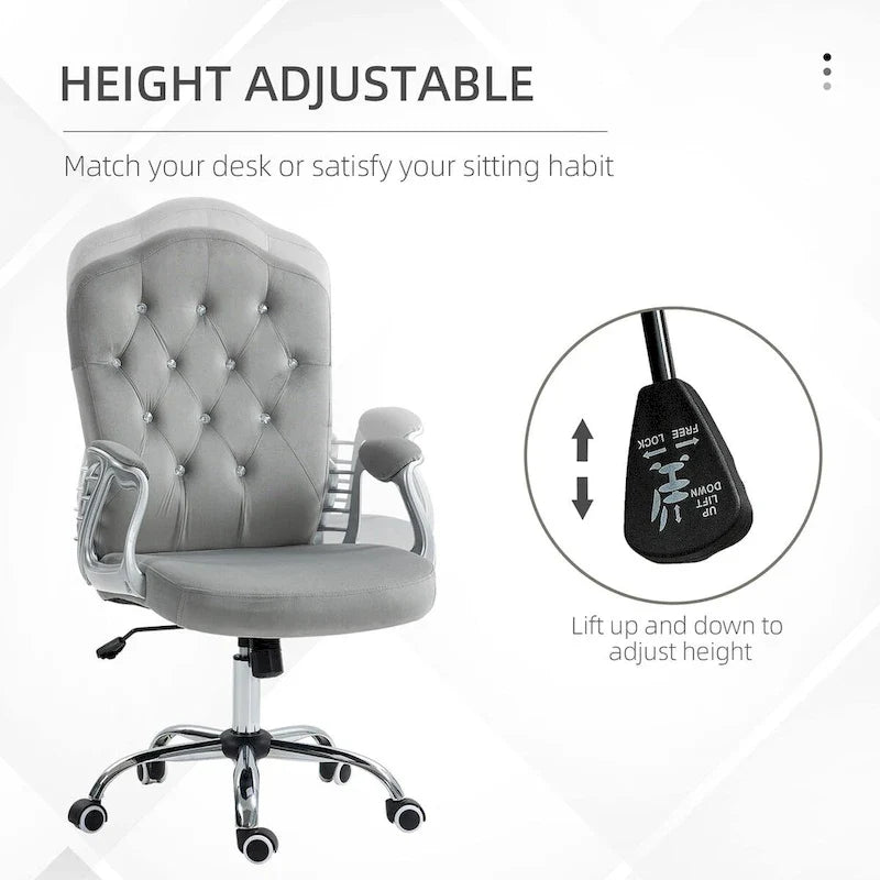 Chaise de bureau à domicile en velours, chaise d'ordinateur capitonnée à boutons avec roulettes pivotantes, hauteur réglable et fonction d'inclinaison