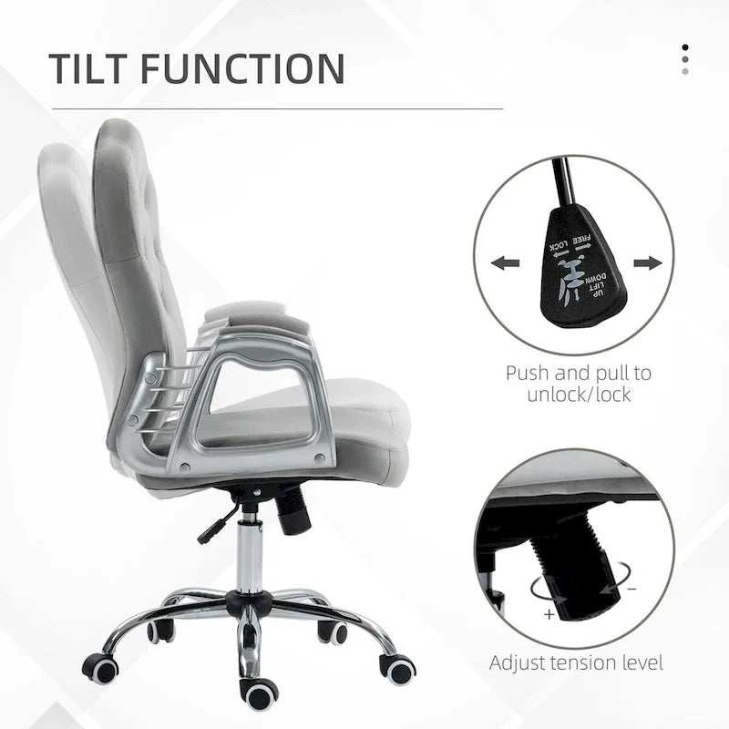 Chaise de bureau à domicile en velours, chaise d'ordinateur capitonnée à boutons avec roulettes pivotantes, hauteur réglable et fonction d'inclinaison