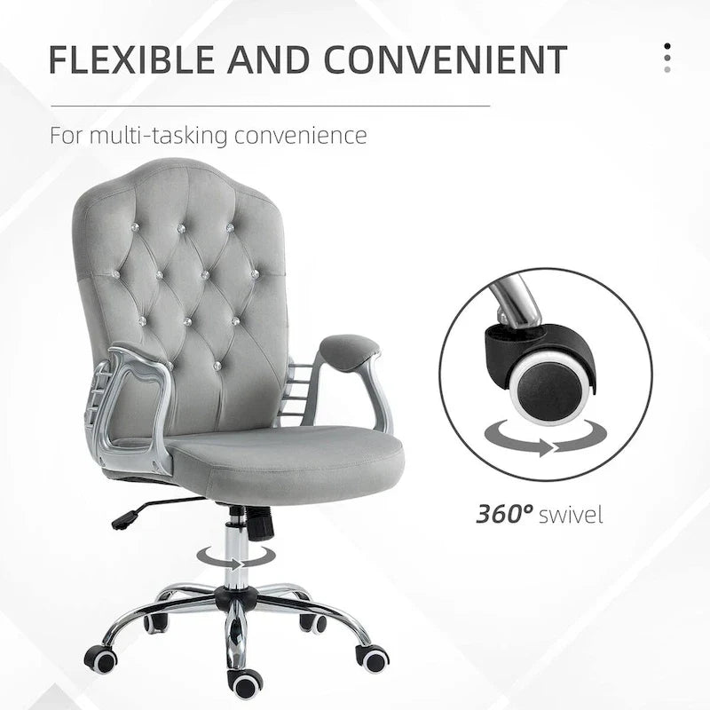 Chaise de bureau à domicile en velours, chaise d'ordinateur capitonnée à boutons avec roulettes pivotantes, hauteur réglable et fonction d'inclinaison