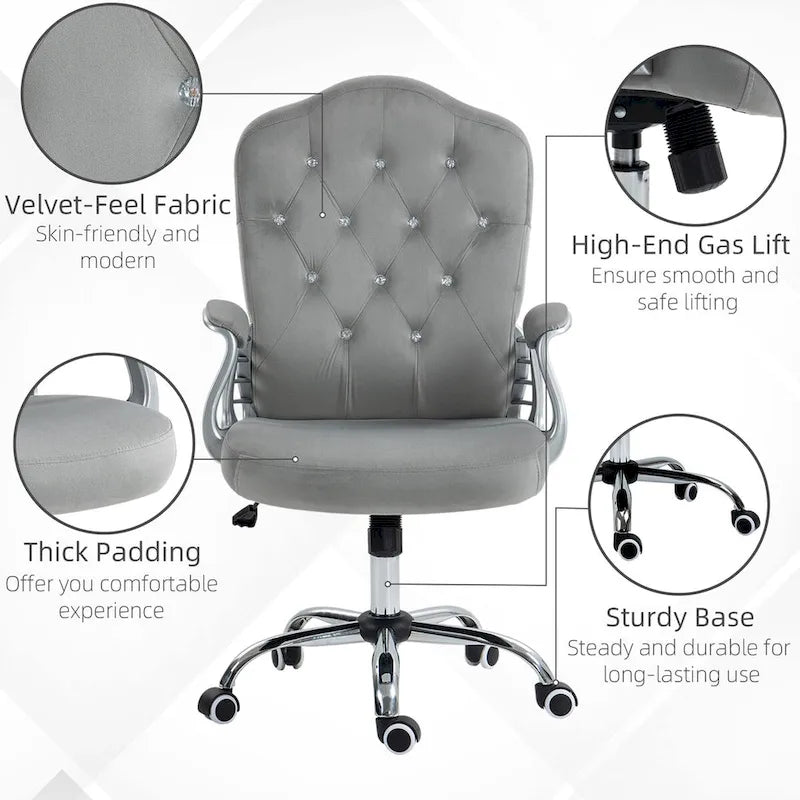 Chaise de bureau à domicile en velours, chaise d'ordinateur capitonnée à boutons avec roulettes pivotantes, hauteur réglable et fonction d'inclinaison