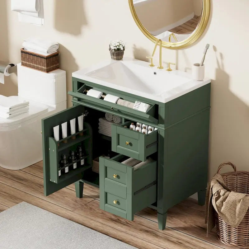 Meuble-lavabo de salle de bains de 30 avec lavabo intégré, meuble de rangement de salle de bains avec 2 tiroirs et un tiroir basculant, meuble-lavabo avec lavabo simple