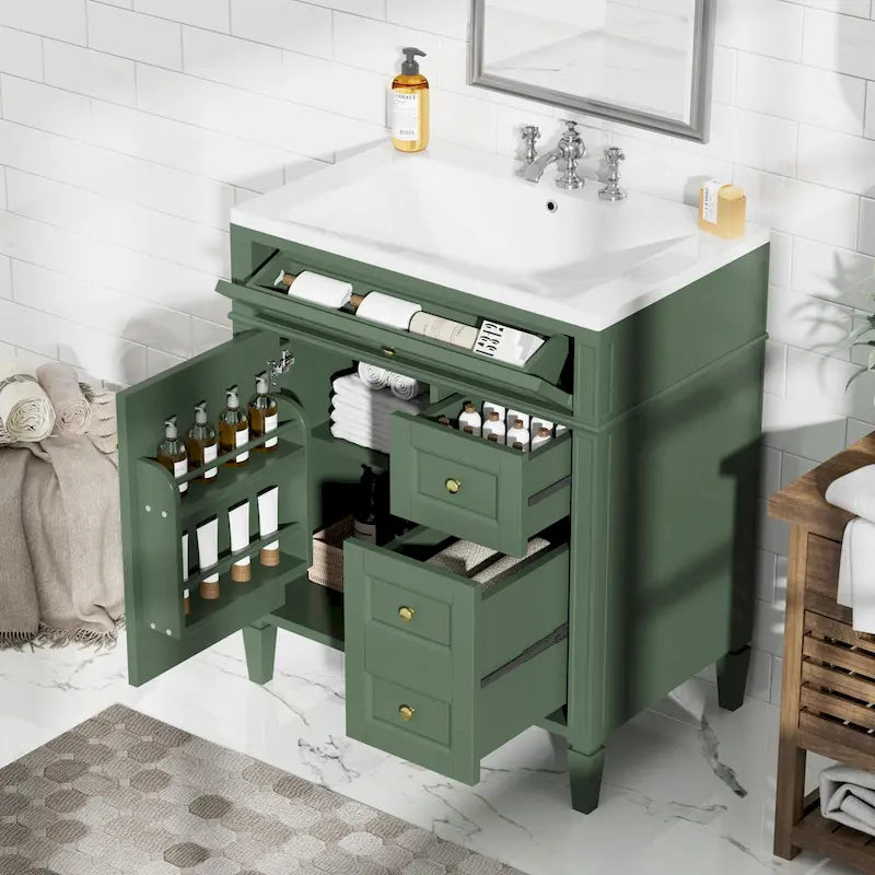 Meuble-lavabo de salle de bains de 30 avec lavabo intégré, meuble de rangement de salle de bains avec 2 tiroirs et un tiroir basculant, meuble-lavabo avec lavabo simple