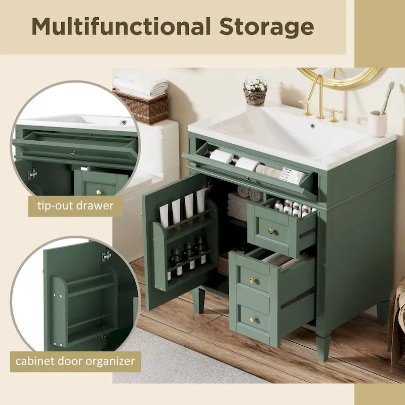 Meuble-lavabo de salle de bains de 30 avec lavabo intégré, meuble de rangement de salle de bains avec 2 tiroirs et un tiroir basculant, meuble-lavabo avec lavabo simple