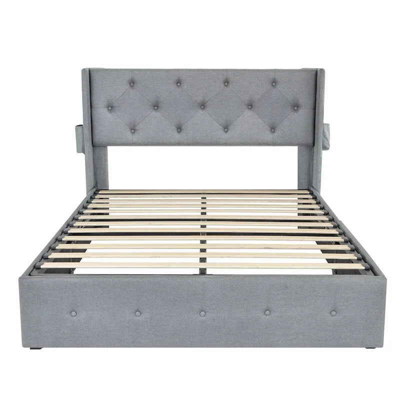 Estructura de cama tamaño matrimonial con elevación a gas, espacio de almacenamiento y puertos USB