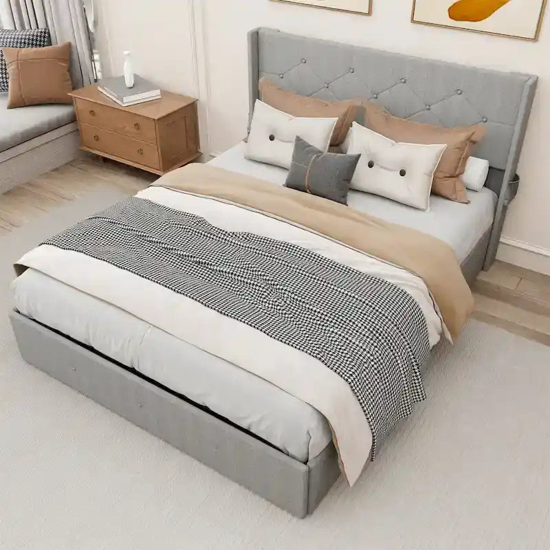 Estructura de cama tamaño matrimonial con elevación a gas, espacio de almacenamiento y puertos USB