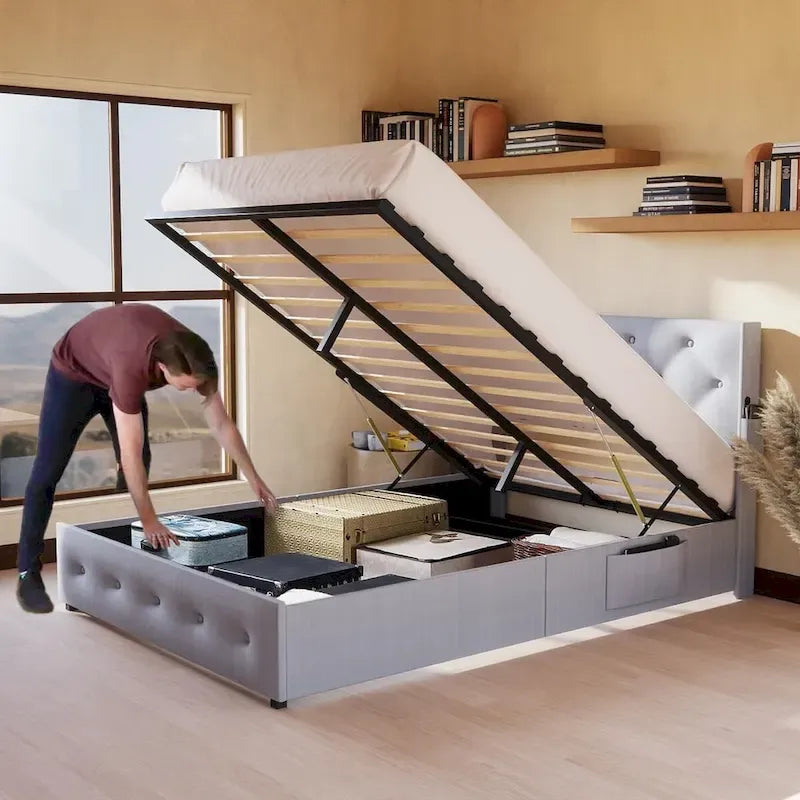 Estructura de cama tamaño matrimonial con elevación a gas, espacio de almacenamiento y puertos USB