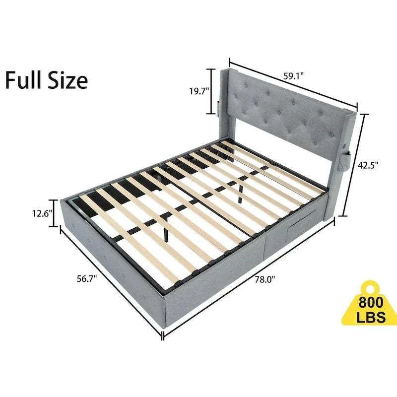 Estructura de cama tamaño matrimonial con elevación a gas, espacio de almacenamiento y puertos USB