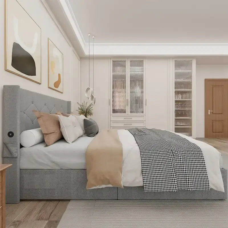 Estructura de cama tamaño matrimonial con elevación a gas, espacio de almacenamiento y puertos USB