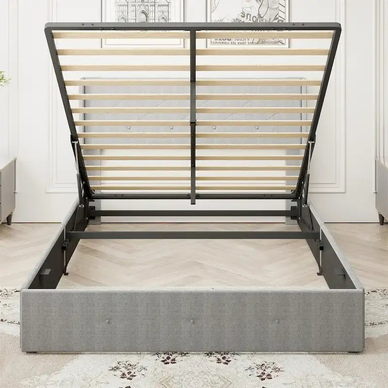 Estructura de cama tamaño matrimonial con elevación a gas, espacio de almacenamiento y puertos USB