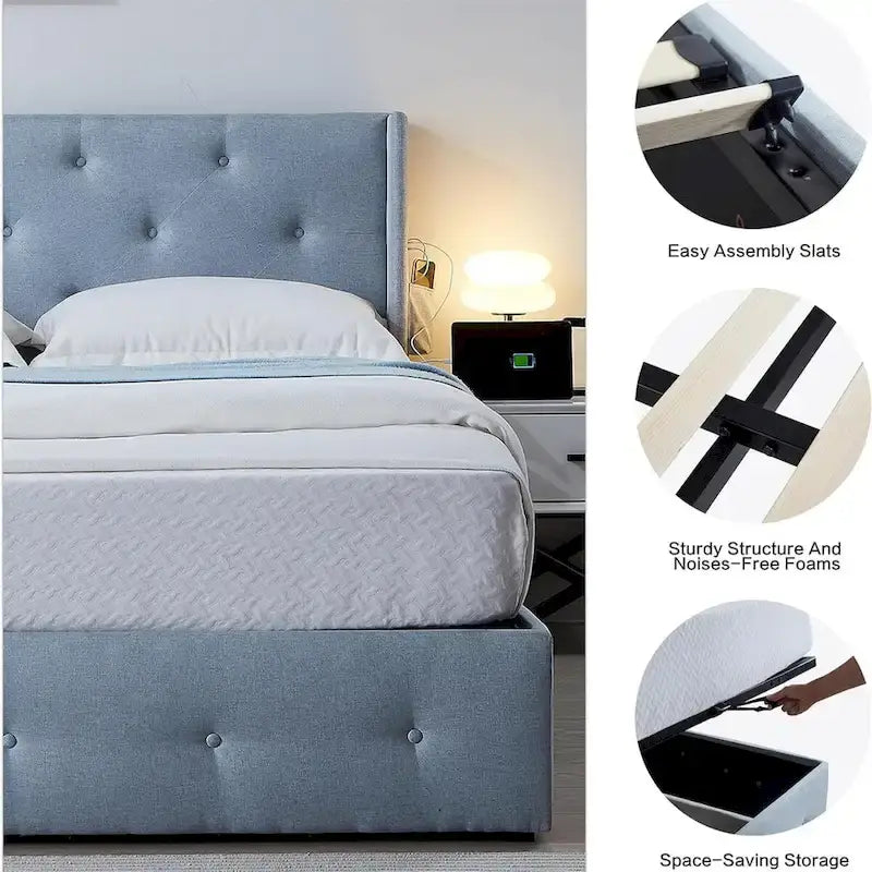 Estructura de cama tamaño matrimonial con elevación a gas, espacio de almacenamiento y puertos USB