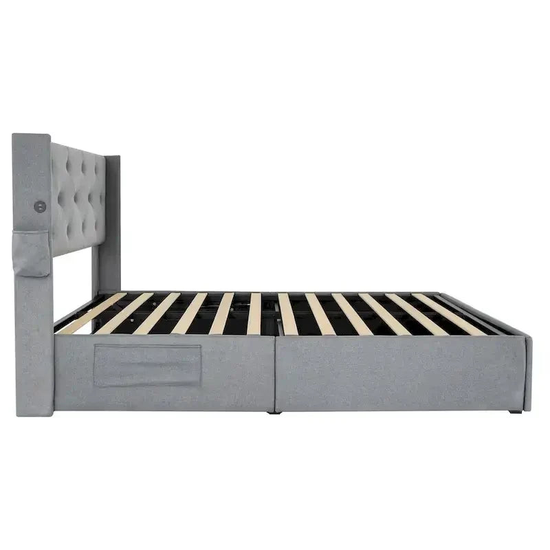 Estructura de cama tamaño matrimonial con elevación a gas, espacio de almacenamiento y puertos USB