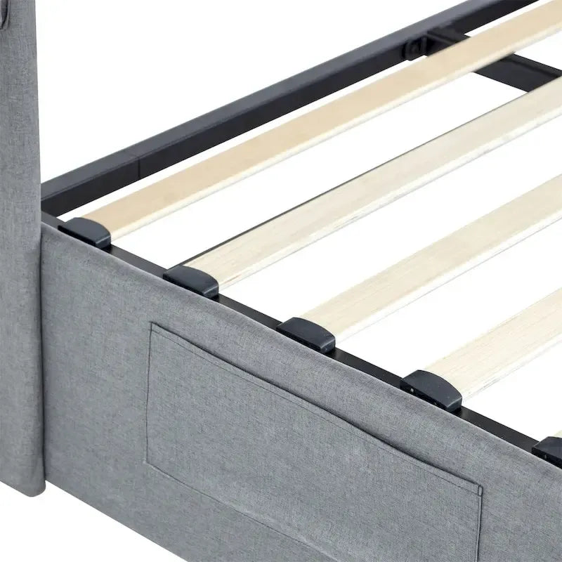 Estructura de cama tamaño matrimonial con elevación a gas, espacio de almacenamiento y puertos USB