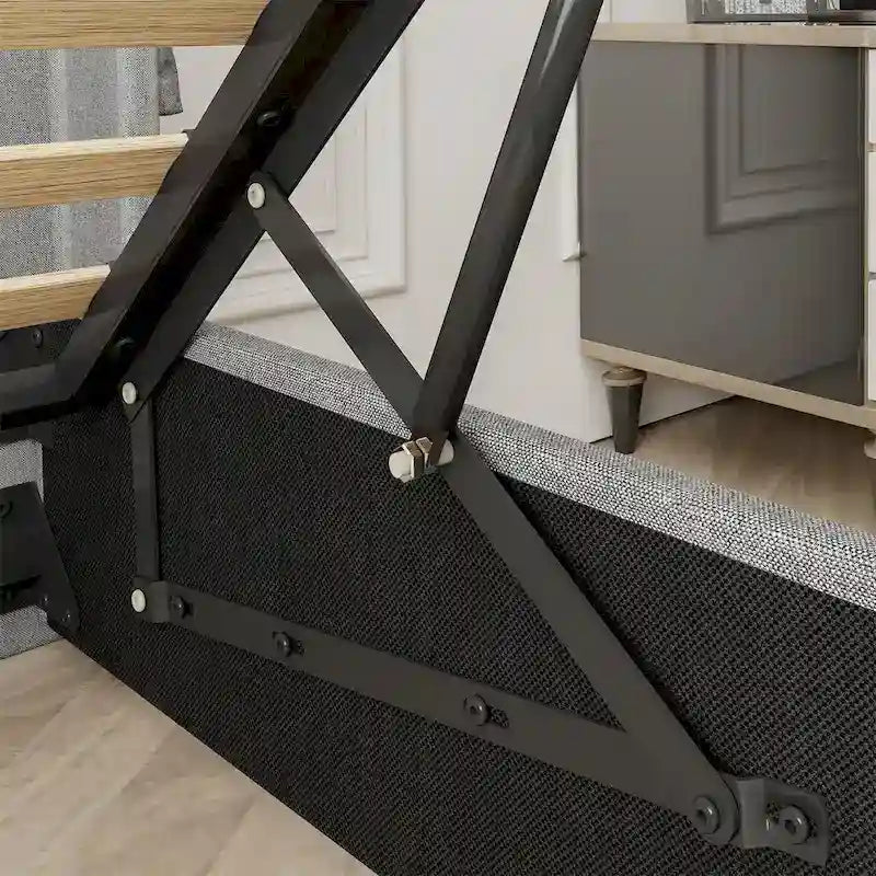 Estructura de cama tamaño matrimonial con elevación a gas, espacio de almacenamiento y puertos USB