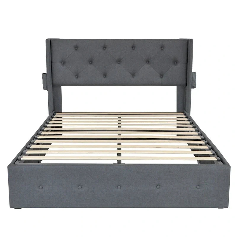Estructura de cama tamaño matrimonial con elevación a gas, espacio de almacenamiento y puertos USB