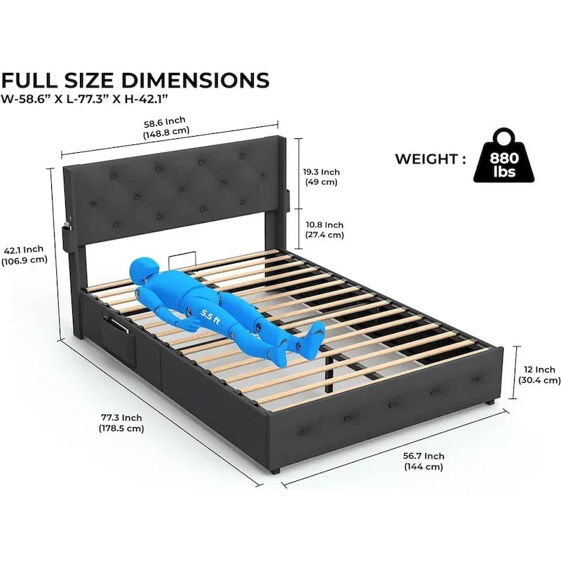 Estructura de cama tamaño matrimonial con elevación a gas, espacio de almacenamiento y puertos USB