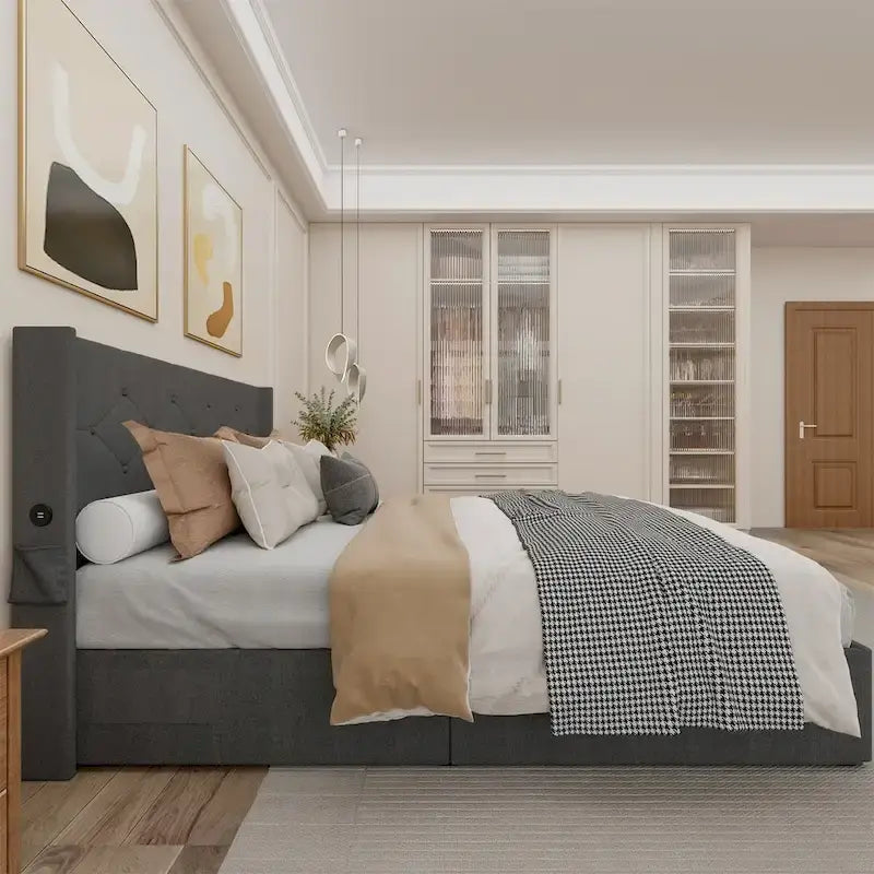 Estructura de cama tamaño matrimonial con elevación a gas, espacio de almacenamiento y puertos USB
