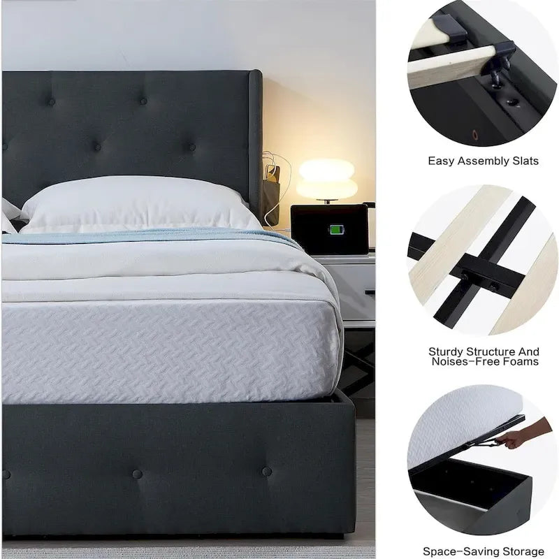 Estructura de cama tamaño matrimonial con elevación a gas, espacio de almacenamiento y puertos USB