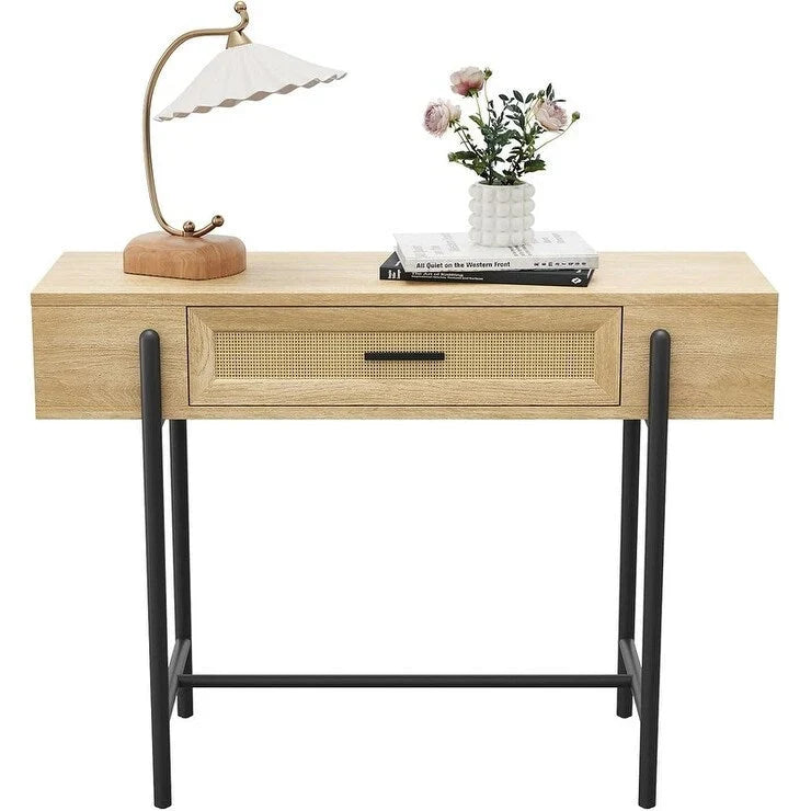 Console Table, Sofa Tables Rattan Entryway Table with Storage Drawer
