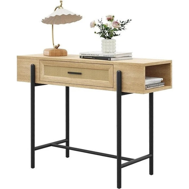 Console Table, Sofa Tables Rattan Entryway Table with Storage Drawer
