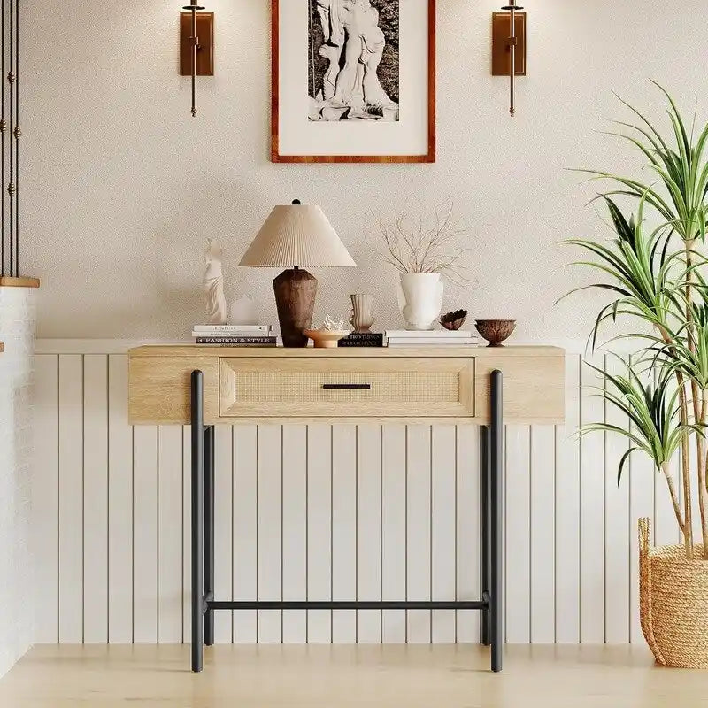Console Table, Sofa Tables Rattan Entryway Table with Storage Drawer