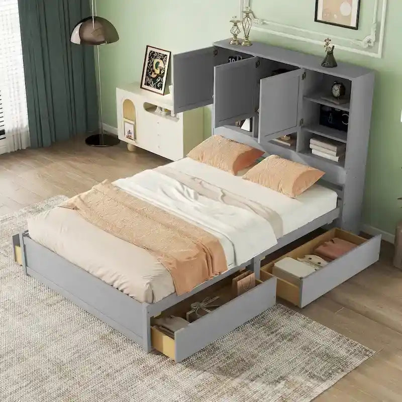 Plattformbett in Queen-Size mit Kopfteil mit Stauraum und 4 Schubladen